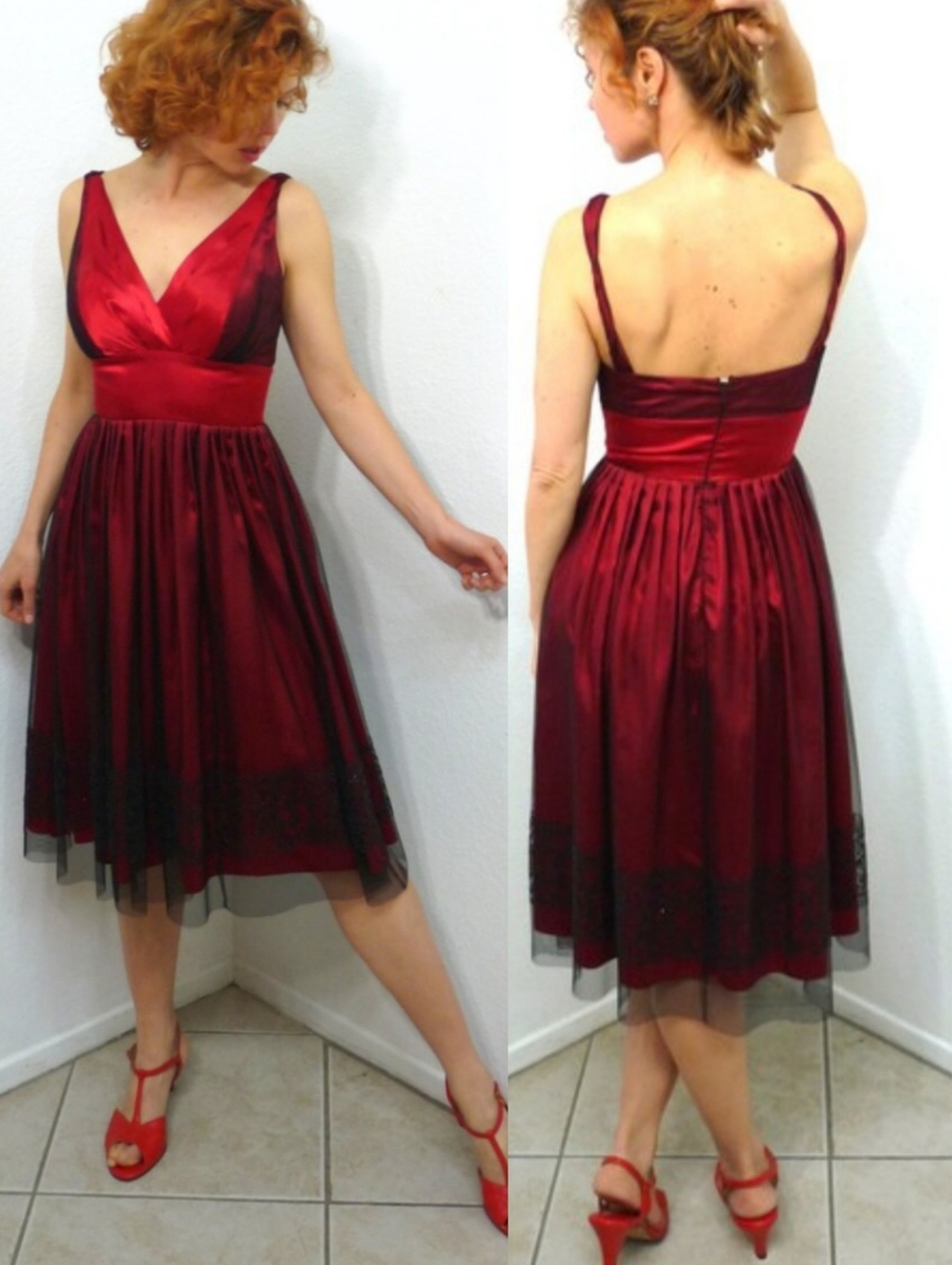 Morgan & Co Sweetheart Embroidery Satin Tulle V-neckline Cocktail Midi Dress